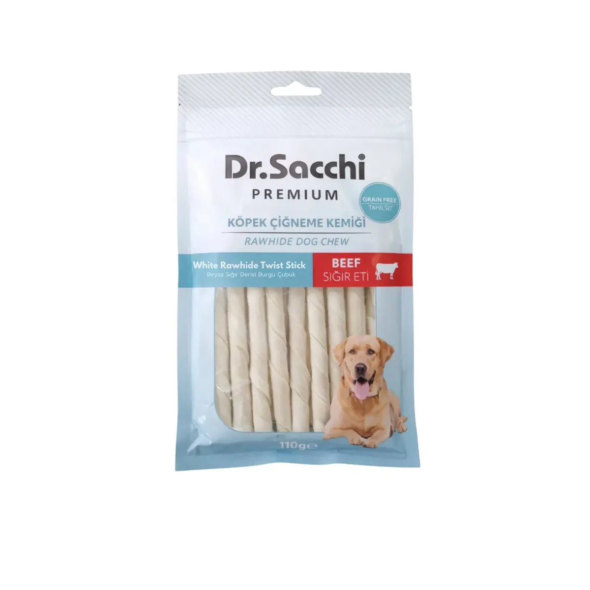Dr.Sacchi Premium Sığır Etli Beyaz Sığır Derisi Burgu Çubuk Tahılsız Köpek Ödülü 5'' 15'li 110 Gr