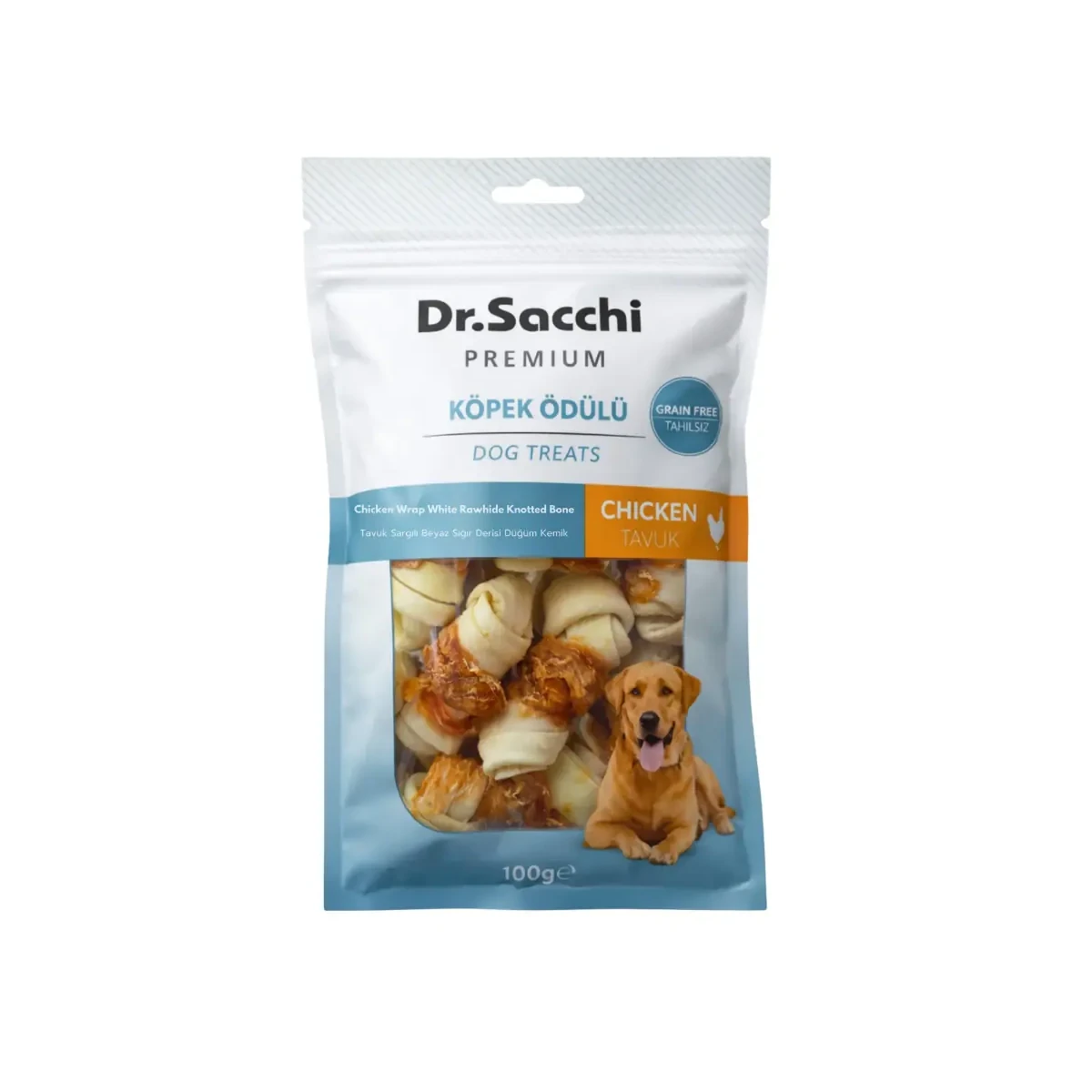 Dr.Sacchi Premium Tavuk Sargılı Beyaz Sığır Derisi Düğüm Kemik Tahılsız Köpek Ödülü 2” 8'li 100 Gr