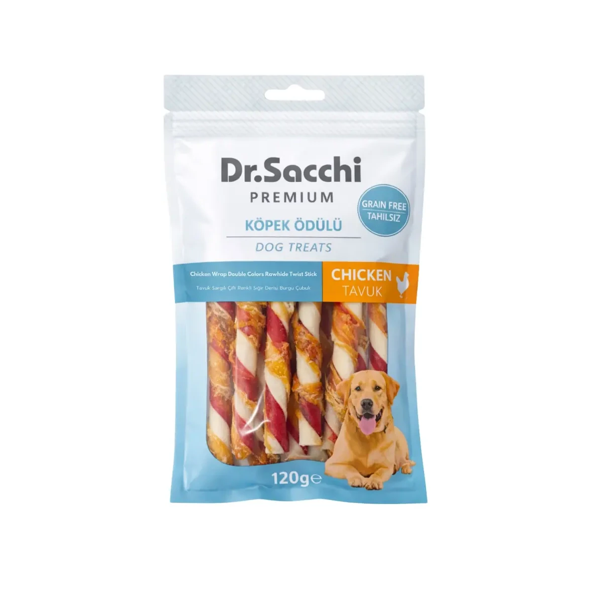 Dr.Sacchi Premium Tavuk Sargılı Çift Renkli Sığır Derisi Burgu Çubuk Tahılsız Köpek Ödülü 5'' 10'lu 120 Gr