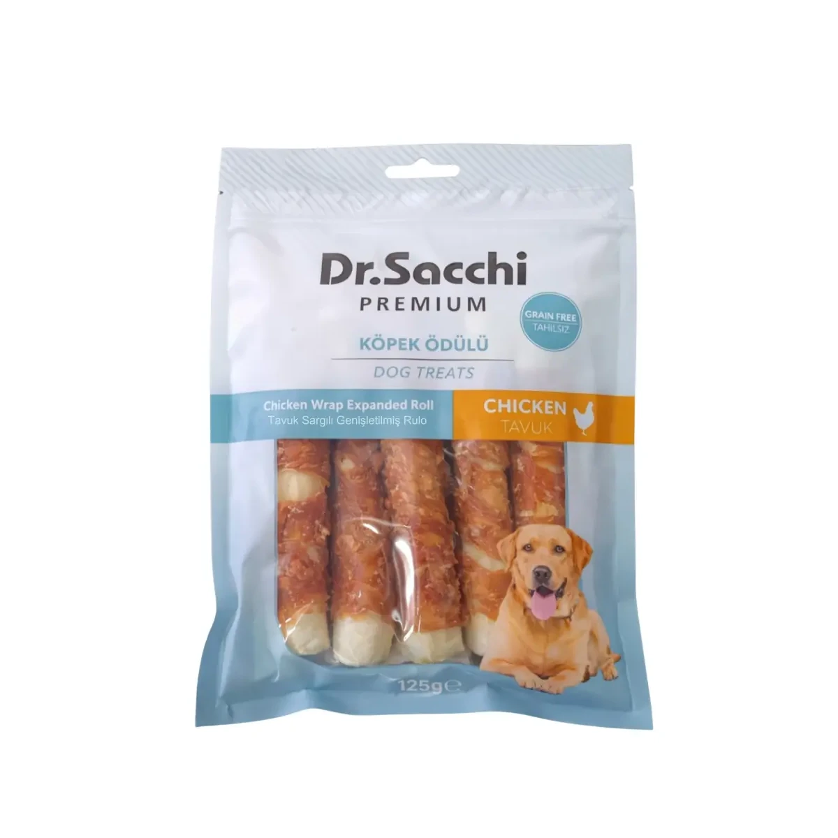 Dr.Sacchi Premium Tavuk Sargılı Genişletilmiş Rulo Tahılsız Köpek Ödülü 5'' 5'li 125 Gr