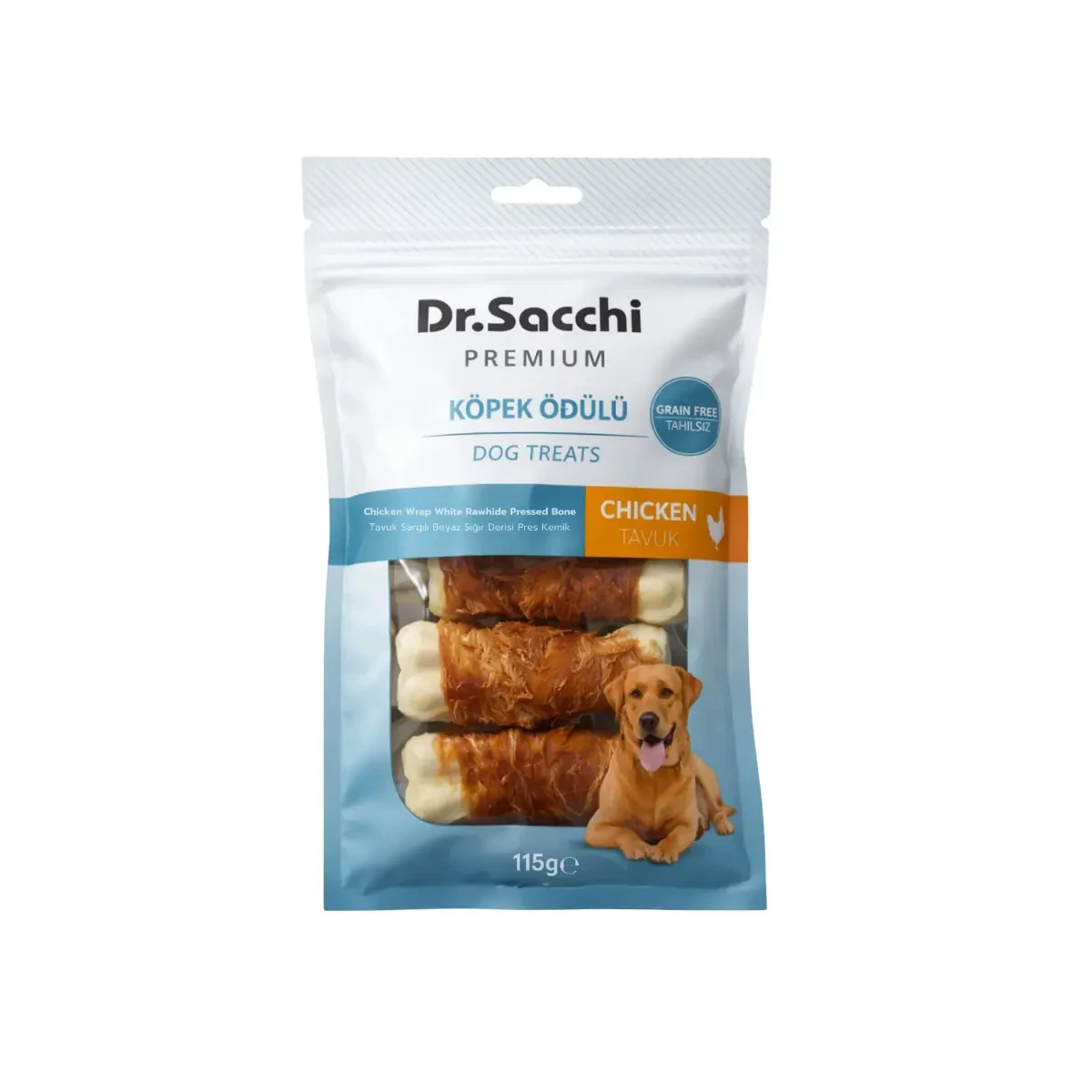 Dr.Sacchi Premium Tavuk Sargılı Beyaz Sığır Derisi Pres Kemik Tahılsız Köpek Ödülü 3” 5'li 115 Gr