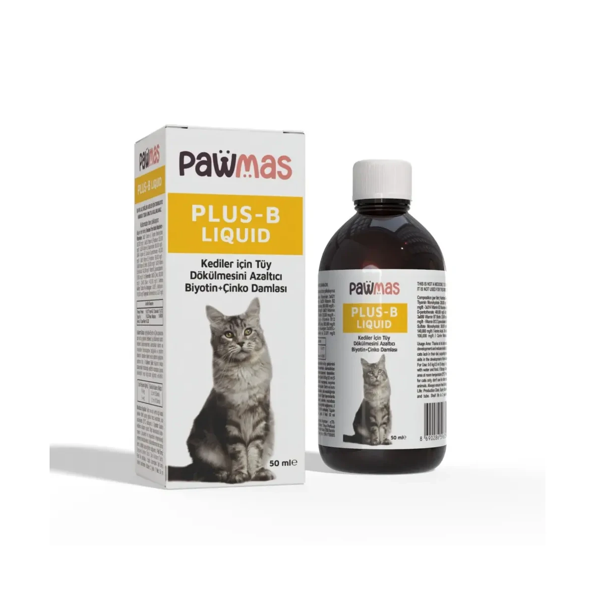 Pawmas Plus-B Liquid Kediler için Tüy Dökülmesini Azaltıcı Biyotin & Çinko Damlası 50 ml