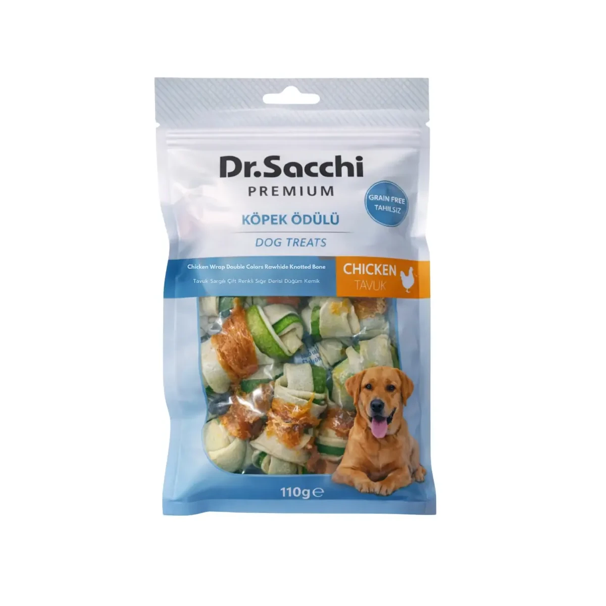 Dr.Sacchi Premium Tavuk Sargılı Çift Renkli Sığır Derisi Düğüm Kemik Tahılsız Köpek Ödülü 2“ 8'li 110 Gr