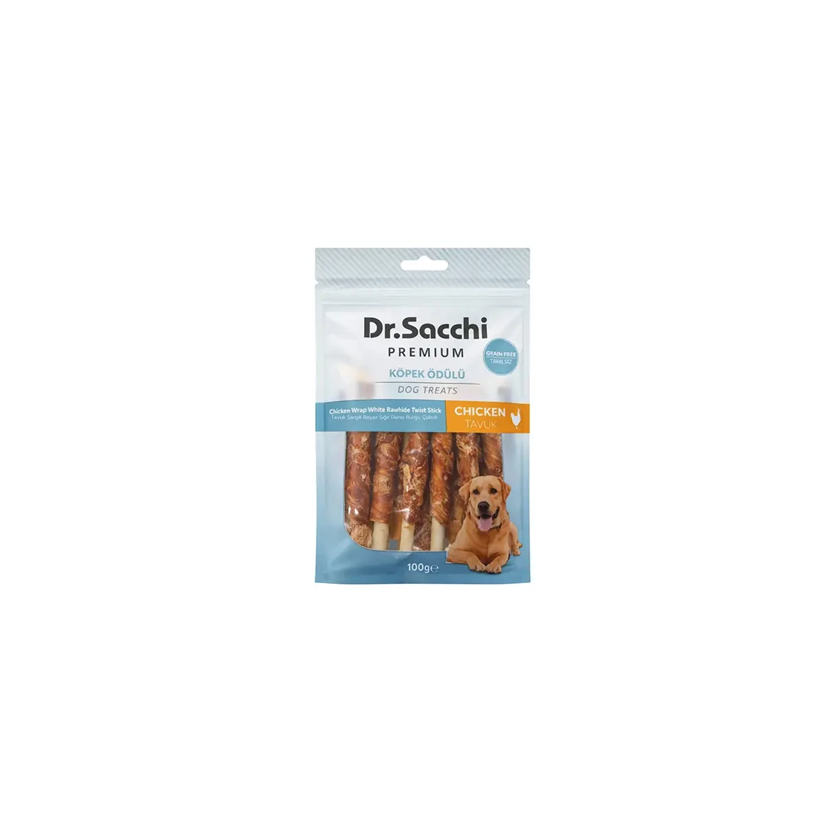 Dr.Sacchi Premium Tavuk Sargılı Beyaz Sığır Derili Burgu Çubuk Tahılsız Köpek Ödülü 10lu 100 gr