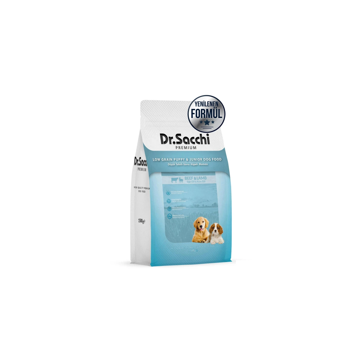 Dr.Sacchi Premium Düşük Tahıllı Sığır Etli ve Kuzu Etli Yavru Köpek Maması 1,5kg