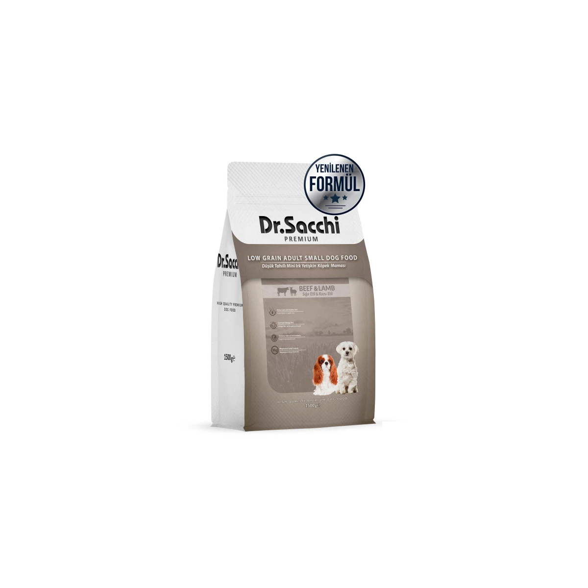 Dr.Sacchi Premium Düşük Tahıllı Sığır Etli ve Kuzu Etli Mini Irk Yetişkin Köpek Maması 1,5kg