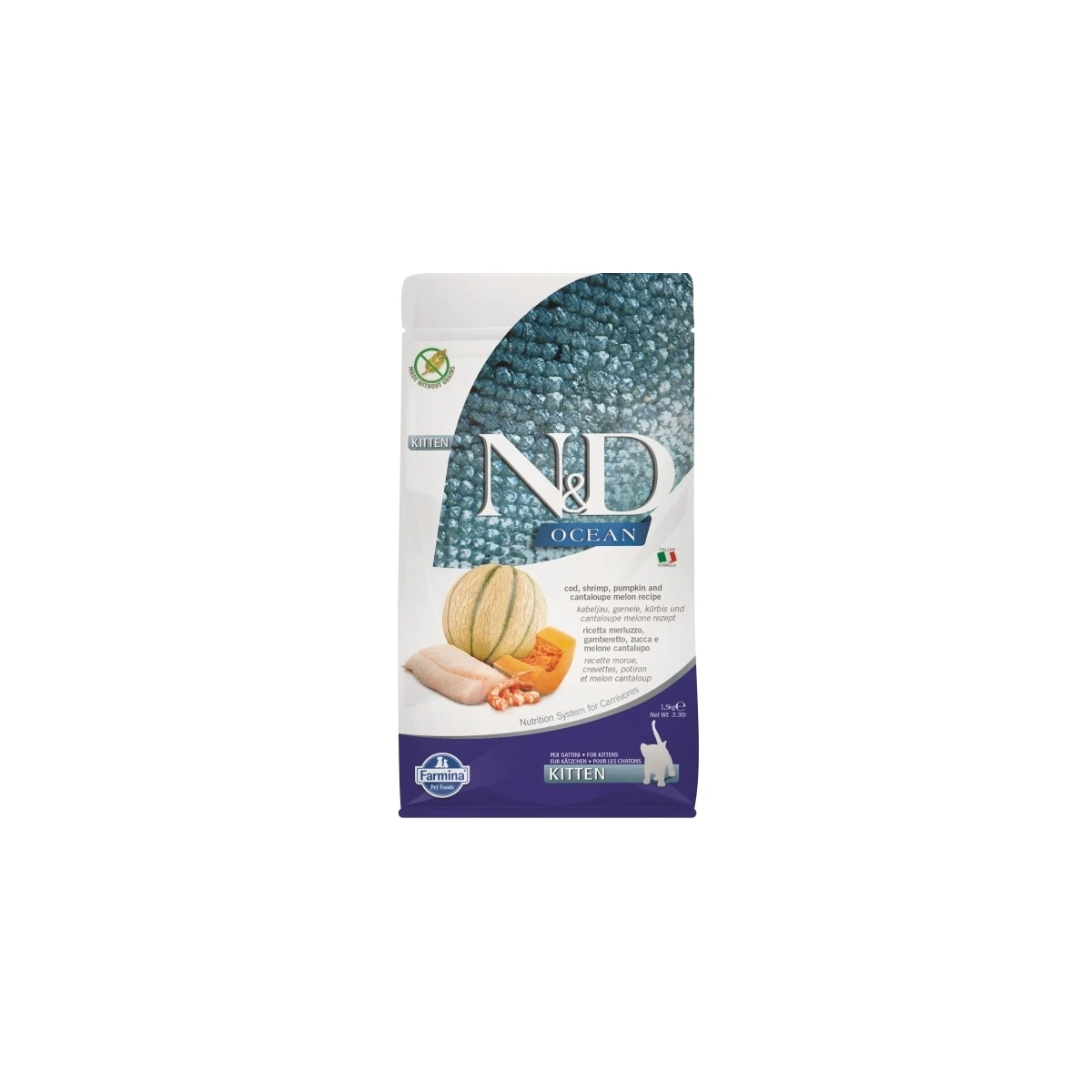 ND Ocean Morina Balıklı Bal Kabaklı Karidesli ve Kavunlu Tahılsız Yavru Kedi Maması 1,5kg