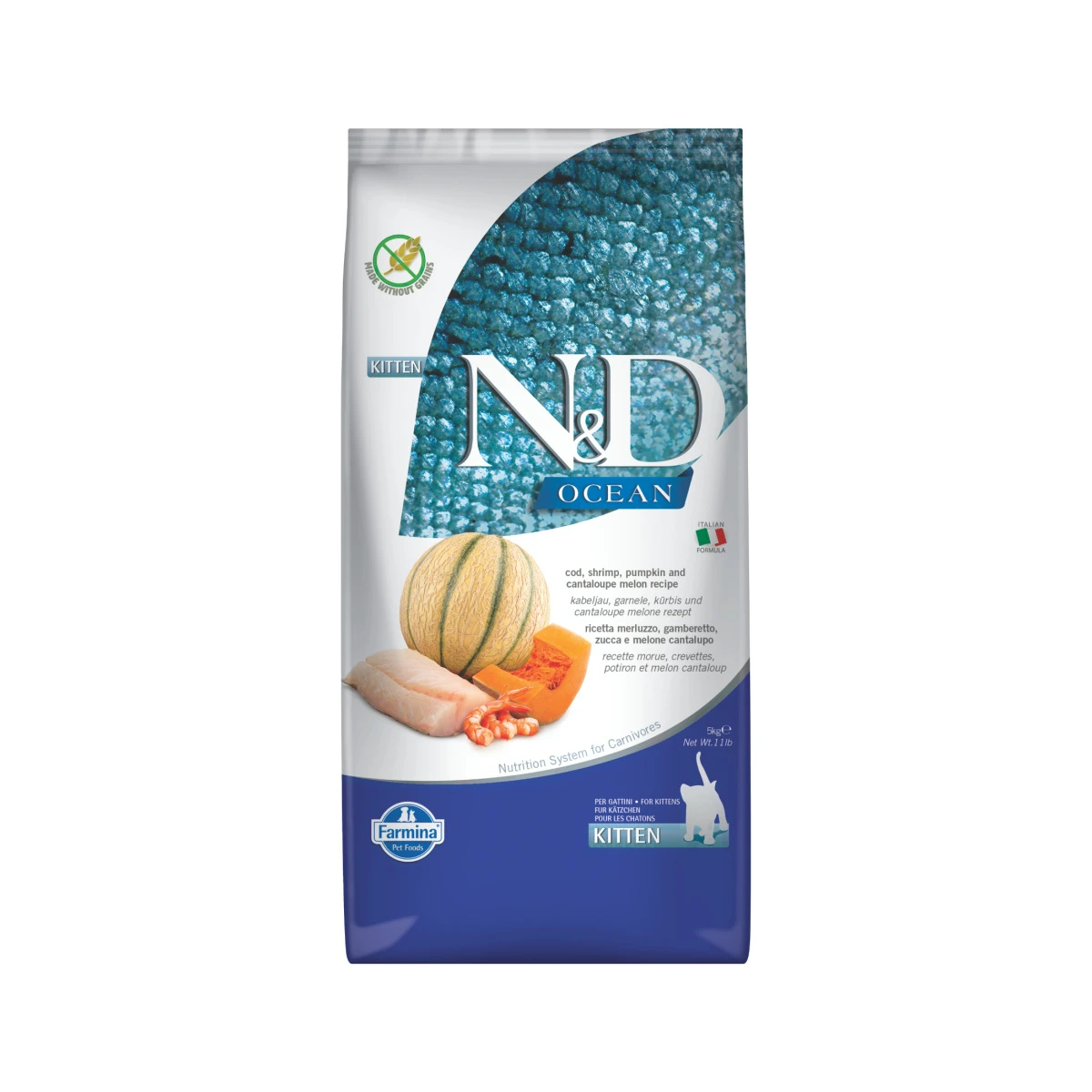 N&D Ocean Morina Balıklı Bal Kabaklı Karidesli ve Kavunlu Tahılsız Yavru Kedi Maması 5kg