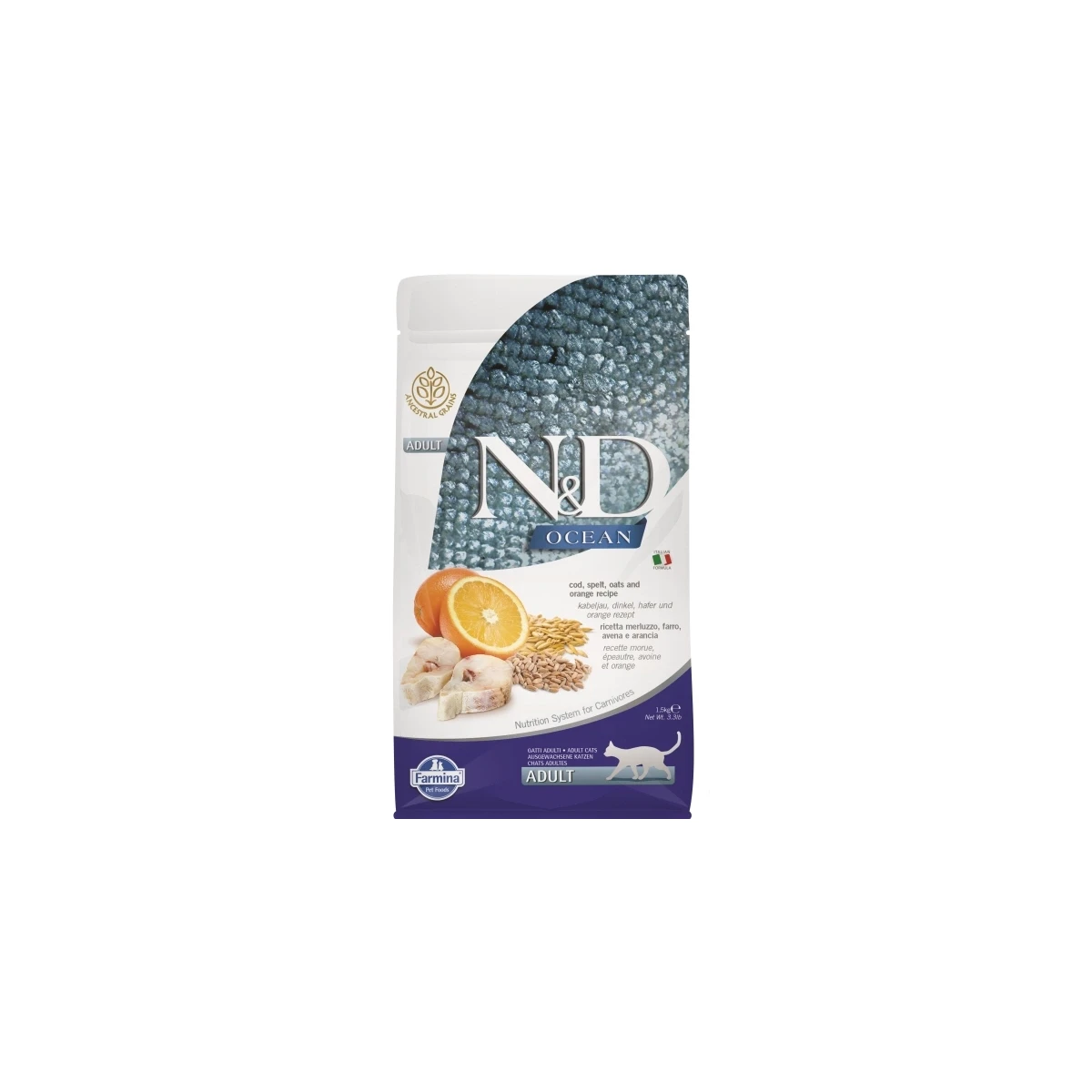 ND Ocean Morina Balıklı ve Portakallı Ata Tahıllı Yetişkin Kedi Maması 1,5kg