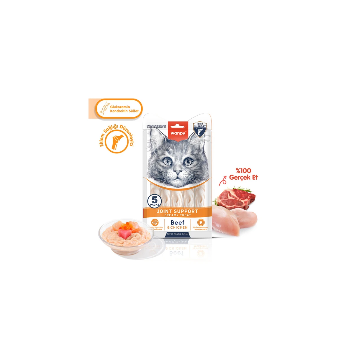 Wanpy Bone Support Sığır Eti&Tavuk Kedi F.Krema Ödül 5x14gr